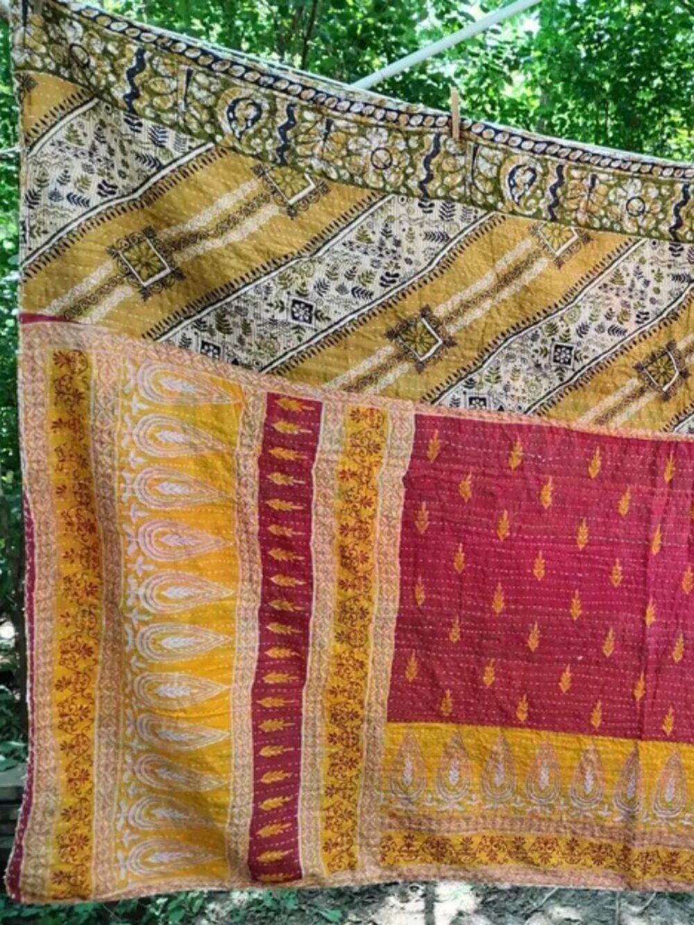 Kantha Quilt Tangerine Gray Red Marigold Premium 3 Layer Cotton New K192.